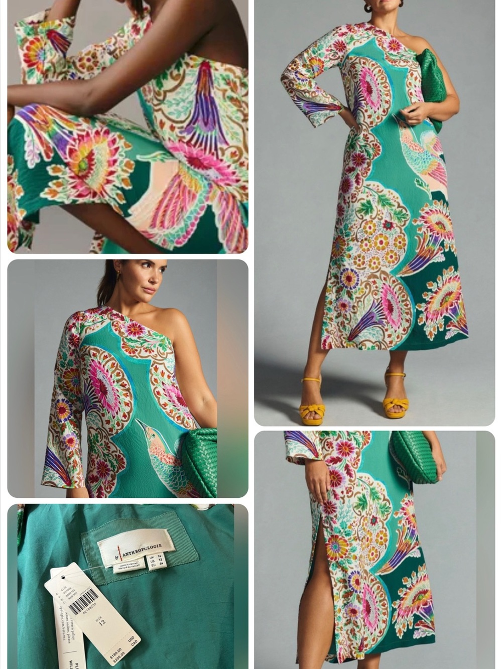 Anthropologie Teal One-Shoulder Paisley Floral Maxi Dress